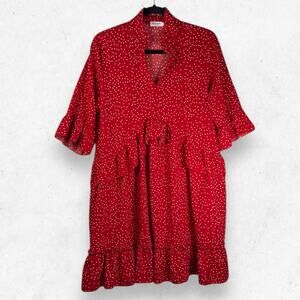 Naggoo Women's Size L Red Polka Dots Dress w/ Pockets Ruffled Layers Boho